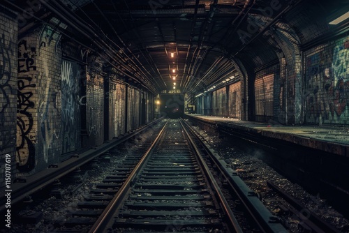 Abandoned subway tunnel with graffiti on walls and flickering lights creating an eerie atmosphere at night photo