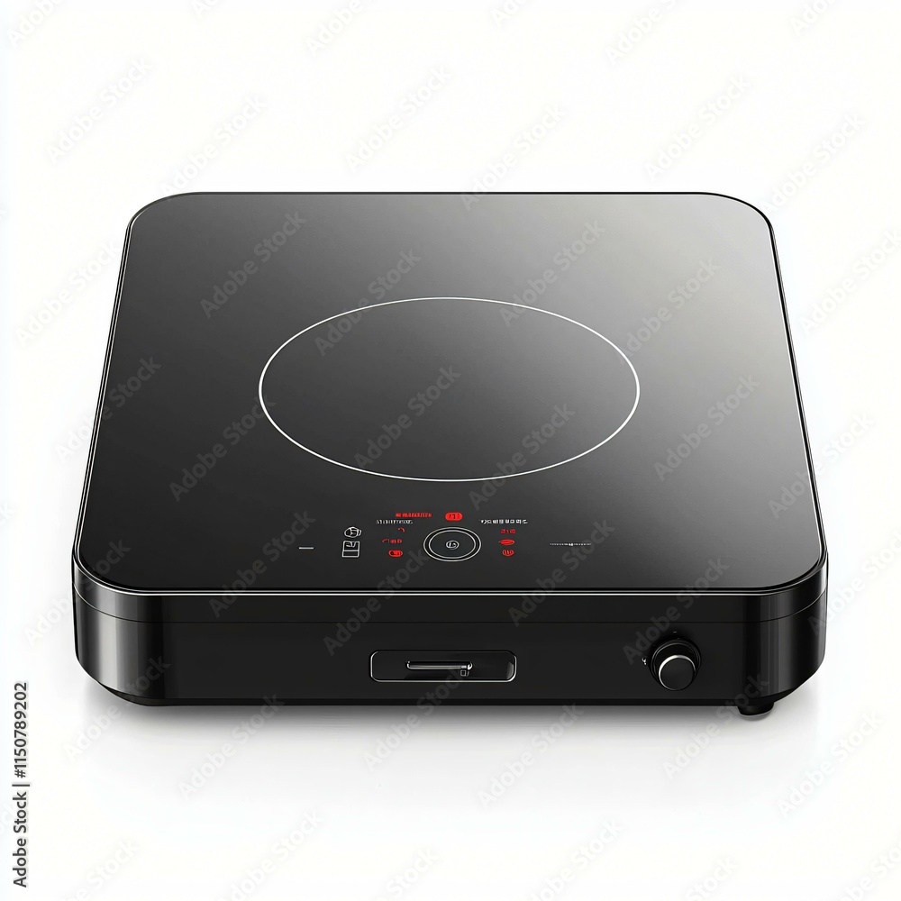 Fototapeta premium Portable induction cooktop with a glossy black surface, centered on a seamless white background.