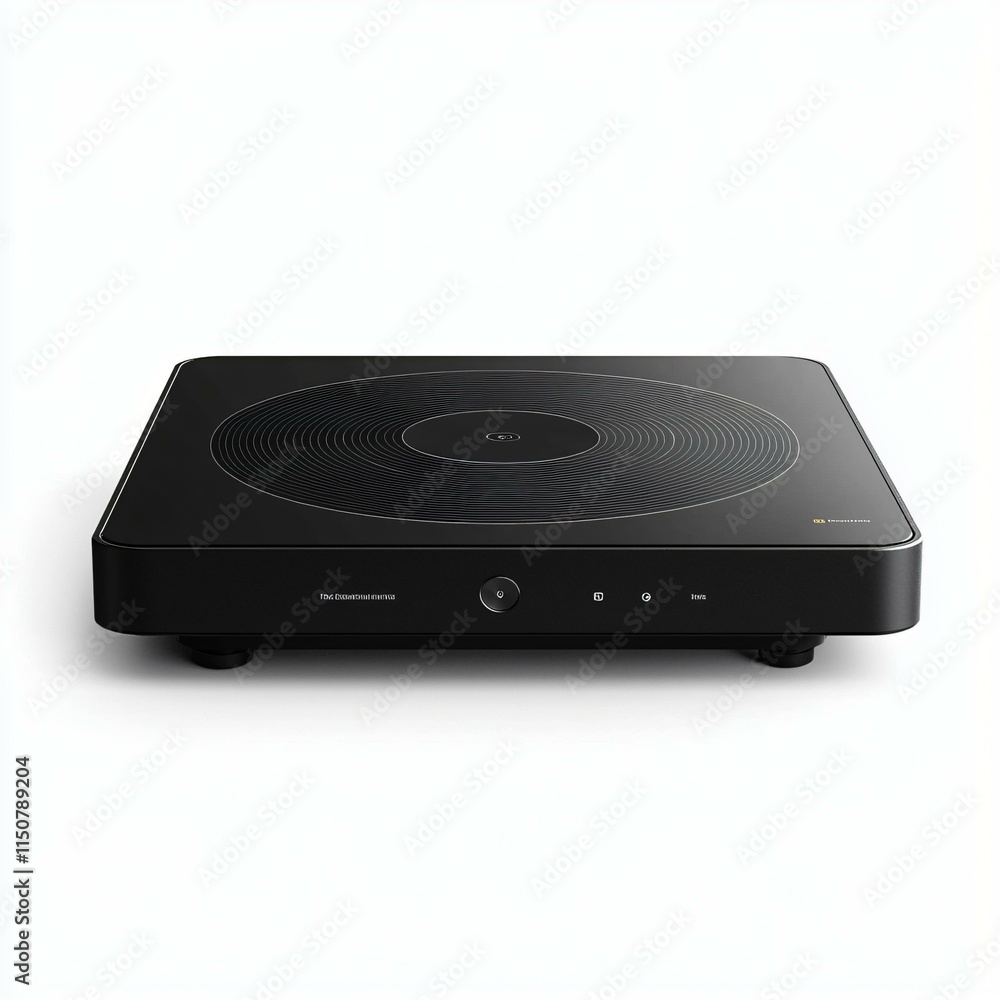 Portable induction cooktop with a glossy black surface, centered on a seamless white background. Portable induction cooktop with a glossy black surface, centered on a seamless white background.