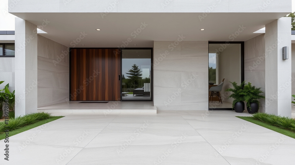 Obraz premium Modern home entrance featuring a light-grey stone facade, a dark wood door, and glass panels. Landscaping with low green shrubs flanks the entryway, which has a large light-colored paved area.