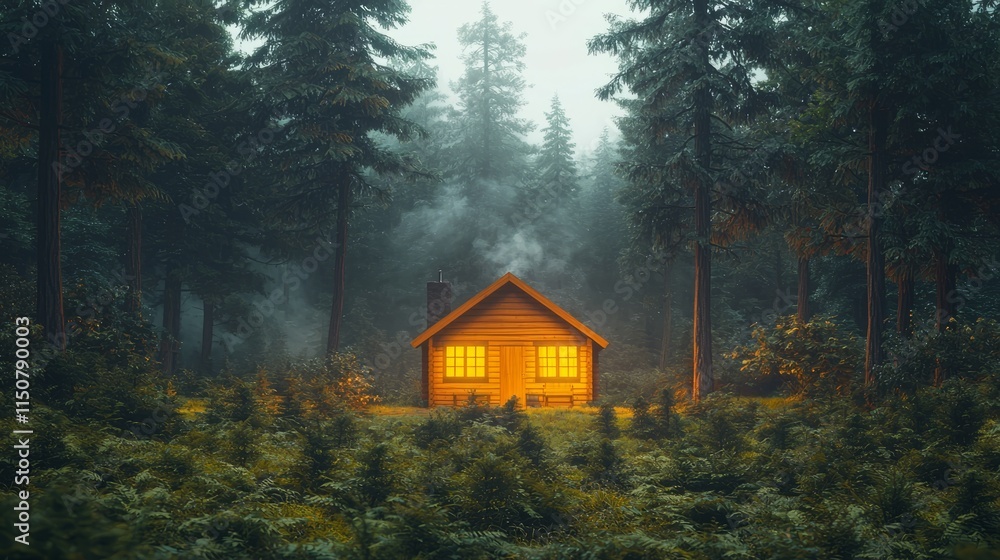 Cozy Cabin in Lush Forest with Warm Light at Dusk Cozy Cabin in Lush Forest with Warm Light at Dusk