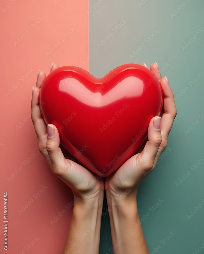 A pair of human hands gently cradling a vibrant red heart symbol, representing support for heart disease awareness and the importance of cardiovascular health care A pair of human hands gently cradling a vibrant red heart symbol, representing support for heart disease awareness and the importance of cardiovascular health care