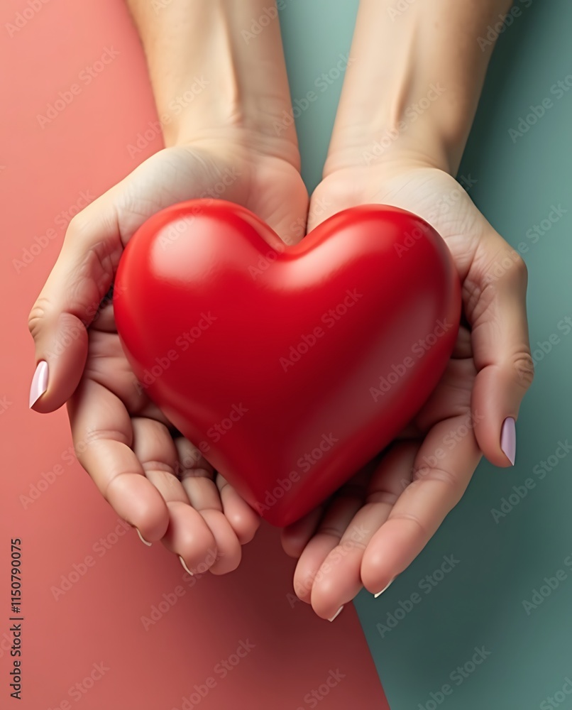 A pair of human hands gently cradling a vibrant red heart symbol, representing support for heart disease awareness and the importance of cardiovascular health care A pair of human hands gently cradling a vibrant red heart symbol, representing support for heart disease awareness and the importance of cardiovascular health care