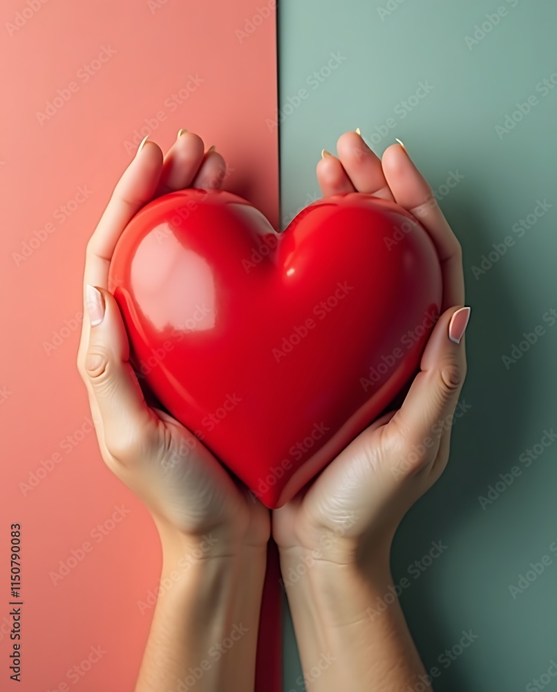 Obraz premium A pair of human hands gently cradling a vibrant red heart symbol, representing support for heart disease awareness and the importance of cardiovascular health care
