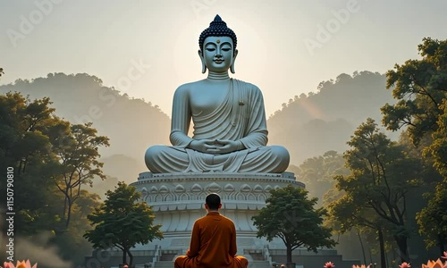 Serene Monk Meditating Before a Majestic Buddha Statue