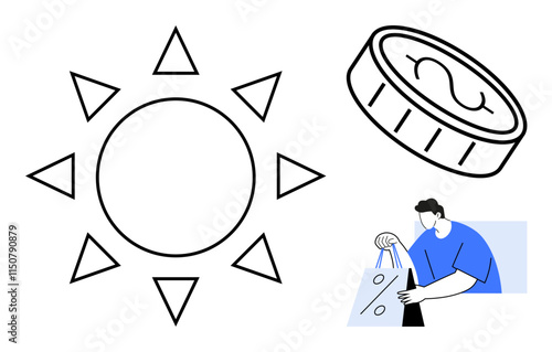 Sun with rays, currency coin, and person holding shopping bags with discount symbol depict summer sales and financial savings. Ideal for marketing, finance, retail, ecommerce, summer promotions photo