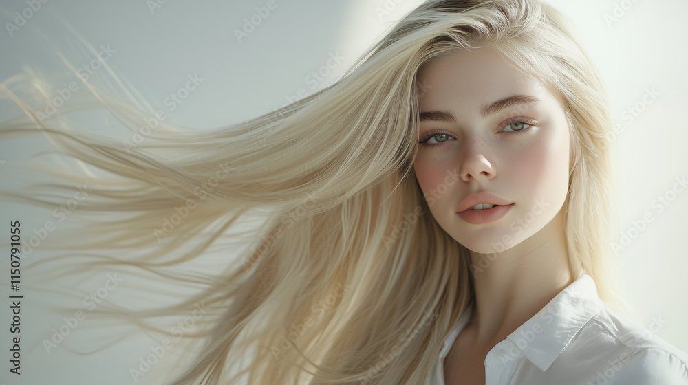 Fototapeta premium blond girl with long shiny hair on a white background, shampoo advertising 