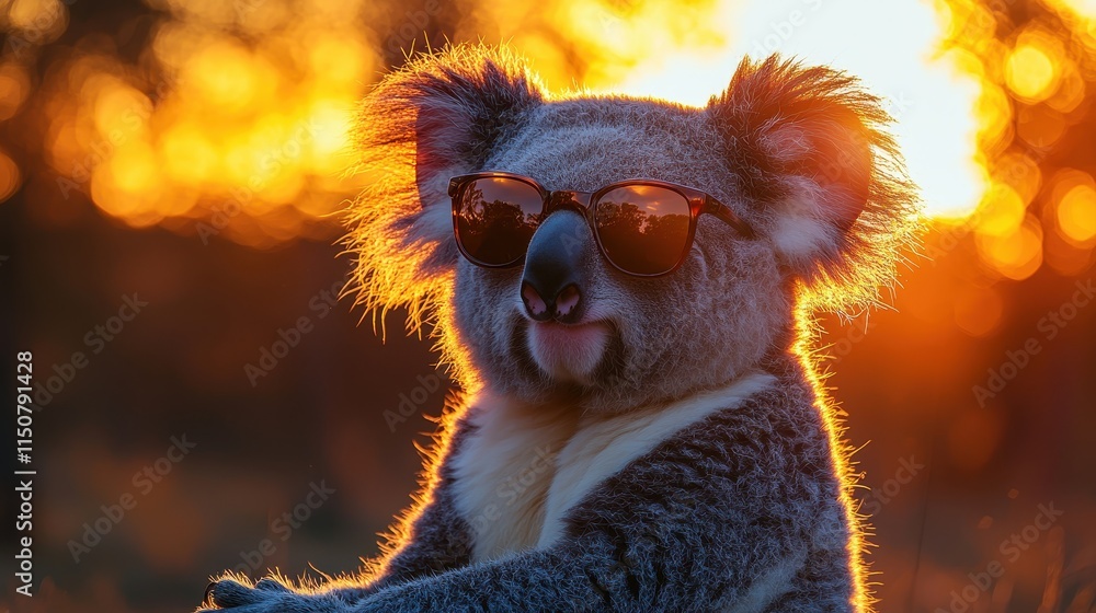 Fototapeta premium Koala Wearing Sunglasses Against a Golden Sunset Background