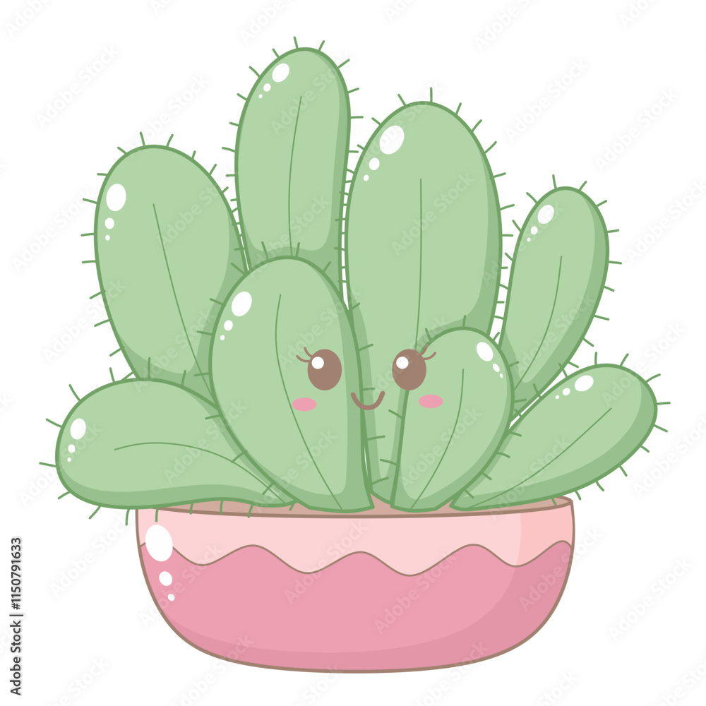 Cute Green Cactus Foliage in Round Pink Pot. Simple House Plant Cacti Illustration. Cute Green Cactus Foliage in Round Pink Pot. Simple House Plant Cacti Illustration.