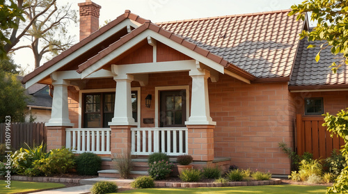 Wallpaper Mural A Craftsman-style house, brick exterior, terracotta roof, white porch columns and railings. Landscaped front yard with shrubs and lawn.  Daylight visible. Torontodigital.ca
