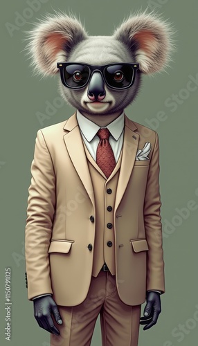 A whimsical koala character dons a sharp beige suit and sunglasses, exuding charm and sophistication. This playful image blends humor and elegance, showcasing a unique fusion of animal and human photo