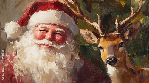 Next to a deer, Santa Claus, complete with a white beard and red hat, is painted in an oil painting style with gentle brushstrokes, muted colors, and a nostalgic Christmas atmosphere.