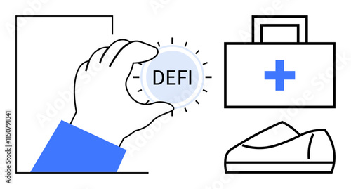 Close-up of hand holding a DEFI token, with a medical kit and loafers in the background. Ideal for finance, healthcare, medicine, lifestyle, fashion, investment, and technology concepts. Line