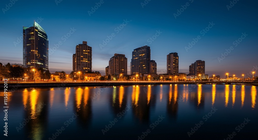 Naklejka premium A panoramic view of a city skyline at dusk with glowing lights reflecting on the water