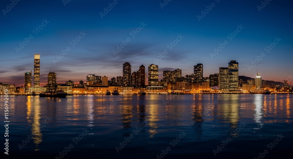 A panoramic view of a city skyline at dusk with glowing lights reflecting on the water A panoramic view of a city skyline at dusk with glowing lights reflecting on the water