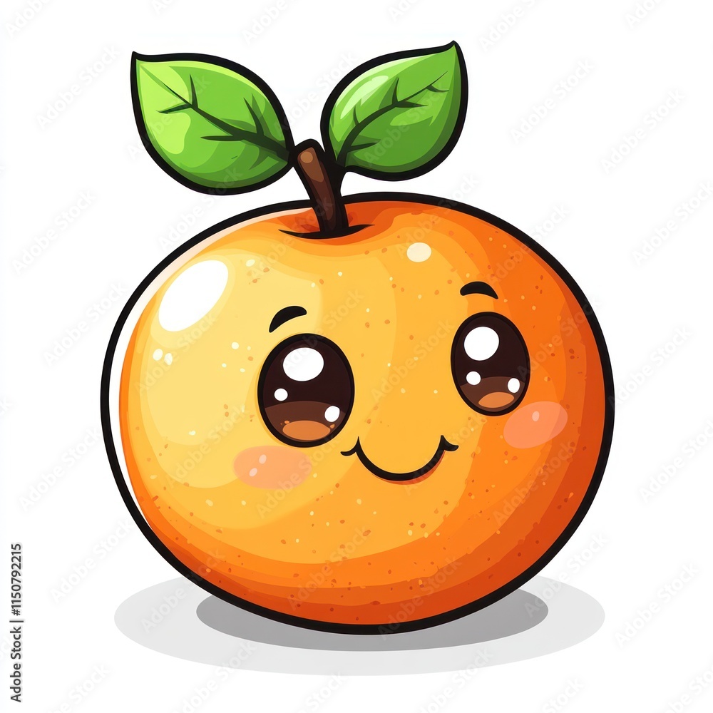 Obraz premium Cute cartoon orange with happy face and leaves.