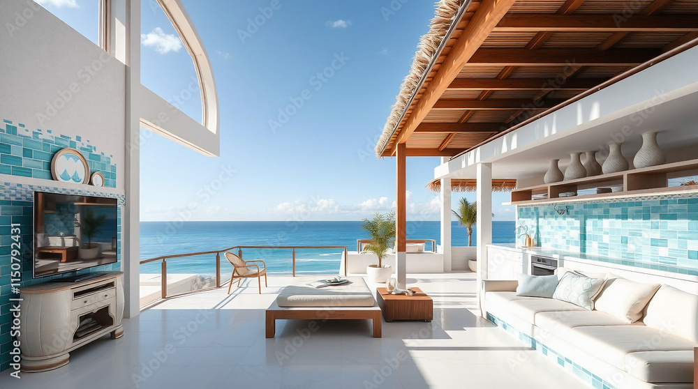 Fototapeta premium Oceanfront living space with white furniture, light wood pergola, and teal tile accents. Features a spacious layout, expansive ocean view, and modern design elements.