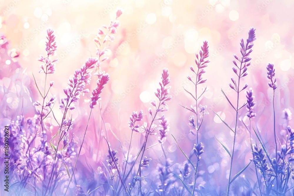 Obraz premium Dew-covered grass shimmering in morning light.