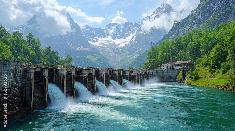 A scenic view of a dam surrounded by mountains and lush greenery, showcasing nature and engineering. A scenic view of a dam surrounded by mountains and lush greenery, showcasing nature and engineering.