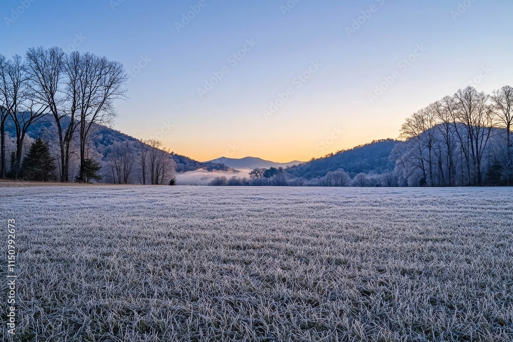 Obraz premium Early frost covering an open meadow at dawn.