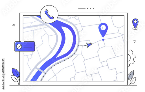 A vector illustration of a navigation map interface with route, location pin, phone icon, and settings gear. Concept of GPS, navigation, directions, and travel planning
