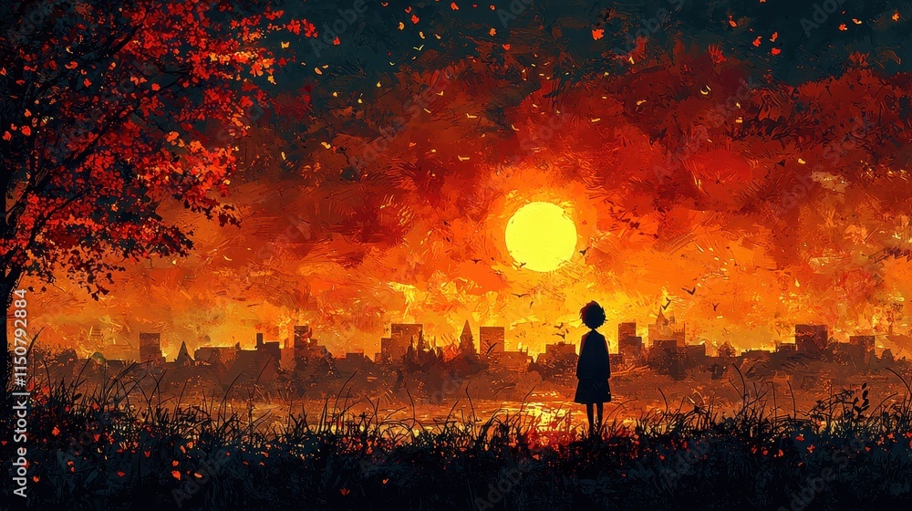 Fototapeta premium Silhouette of a Child Against a Vibrant Autumn Sunset Sky