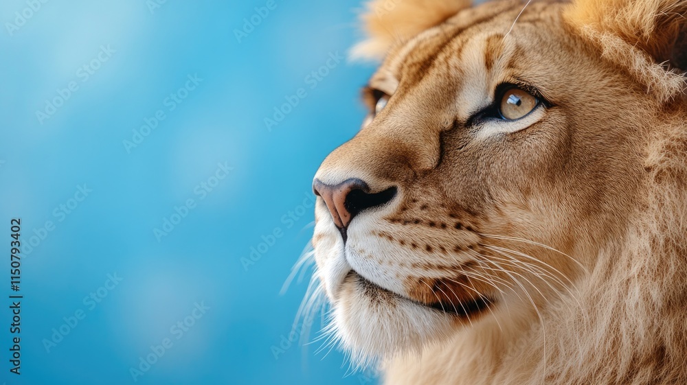 Obraz premium Close-up of lion's face against blue sky background