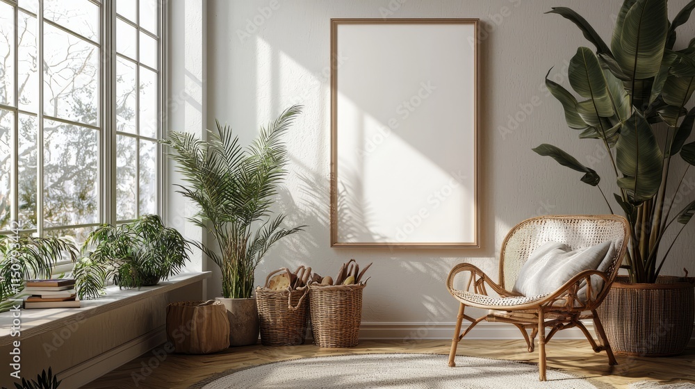 Obraz premium Cozy interior with plants and empty frame for art
