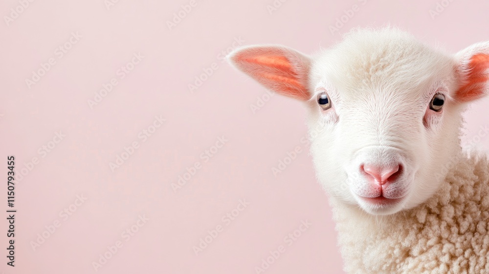 Fototapeta premium Close-up of white lamb with pink ears against light background