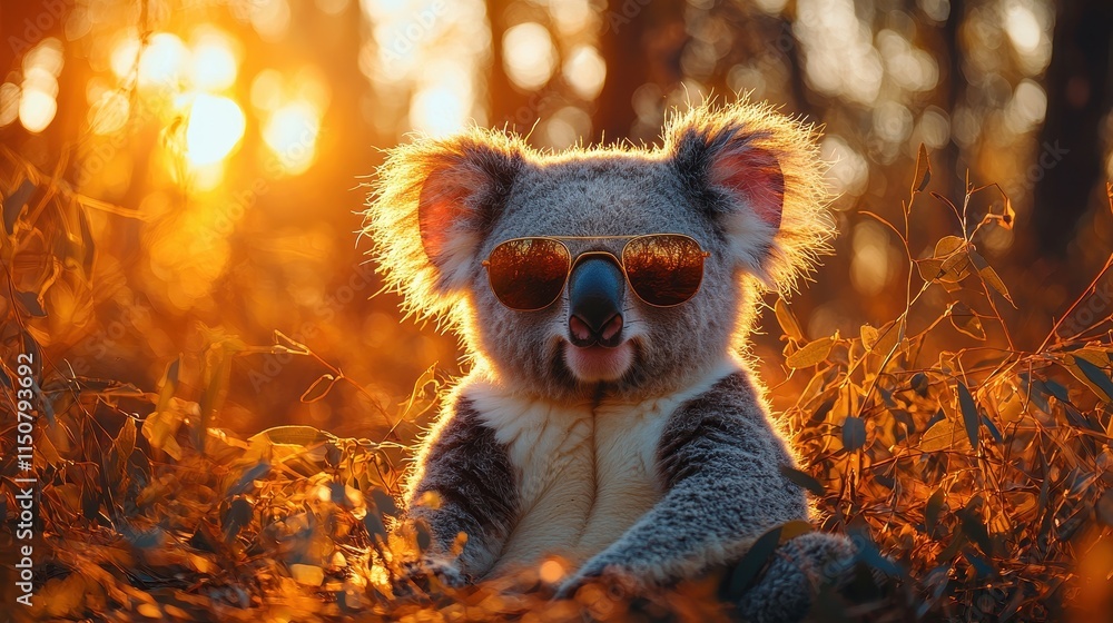 Fototapeta premium Cool Koala Enjoys Sunset with Sunglasses in Natural Habitat