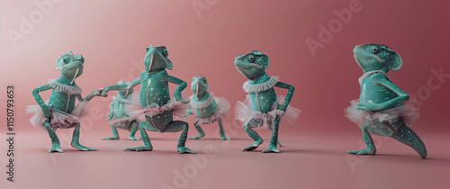 Several playful chameleons in elegant ballet poses, wearing miniature tutus 