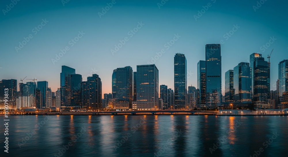 A panoramic view of a city skyline at dusk with glowing lights reflecting on the water A panoramic view of a city skyline at dusk with glowing lights reflecting on the water