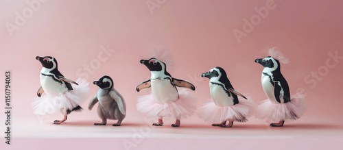 Several playful penguins in elegant ballet poses