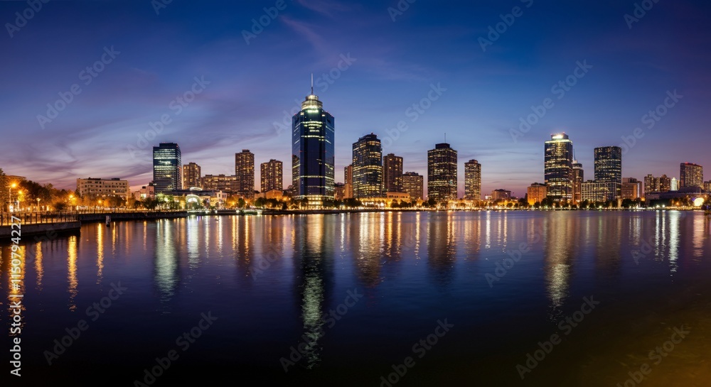 Fototapeta premium A panoramic view of a city skyline at dusk with glowing lights reflecting on the water