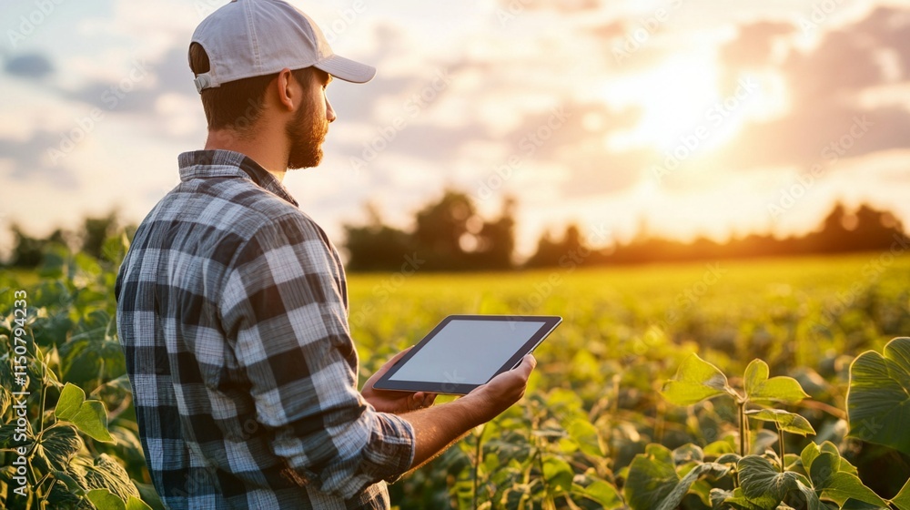Modern farmer checking crop data on digital tablet while standing in beautiful sunflower field during golden sunset hour, combining traditional agriculture with smart farming Modern farmer checking crop data on digital tablet while standing in beautiful sunflower field during golden sunset hour, combining traditional agriculture with smart farming