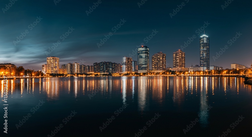 A panoramic view of a city skyline at dusk with glowing lights reflecting on the water