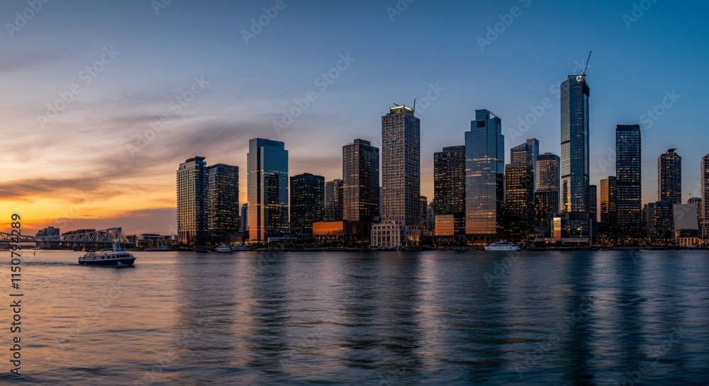 A panoramic view of a city skyline at dusk with glowing lights reflecting on the water A panoramic view of a city skyline at dusk with glowing lights reflecting on the water