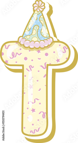 Happy Birthday English alphabet letter T in cute pastel coloring with a party hat