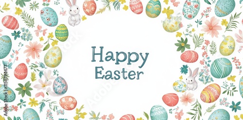 A festive Easter greeting featuring colorful eggs and bunnies in a floral border.