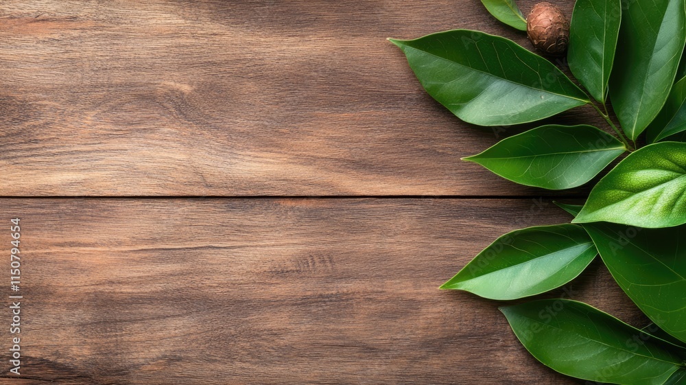 Green leaves on wooden background, natural and fresh contrast Green leaves on wooden background, natural and fresh contrast