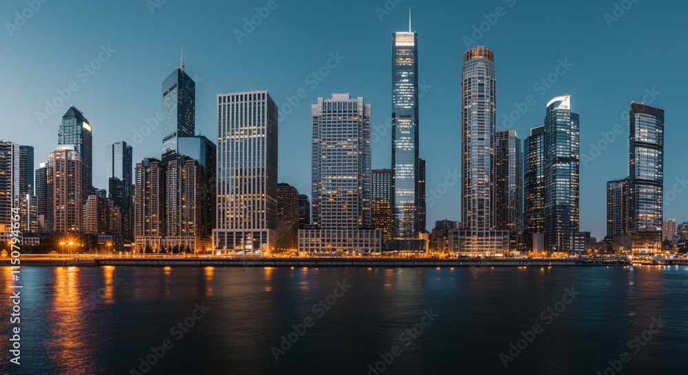 Obraz premium A panoramic view of a city skyline at dusk with glowing lights reflecting on the water