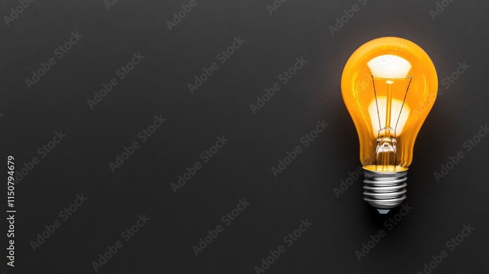 Glowing light bulb on dark surface, emitting warm glow Glowing light bulb on dark surface, emitting warm glow