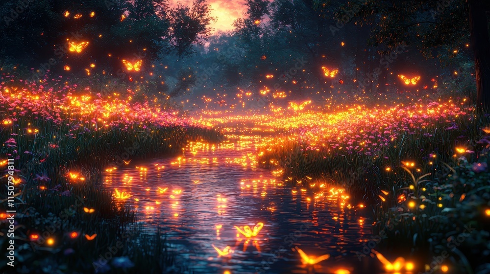 Enchanting Sunset with Glowing Butterflies Over a Flower Field Enchanting Sunset with Glowing Butterflies Over a Flower Field