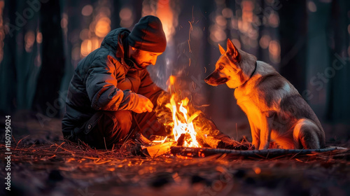 Experience the warmth of companionship with a man and his dog by a crackling campfire in the great outdoors. photo