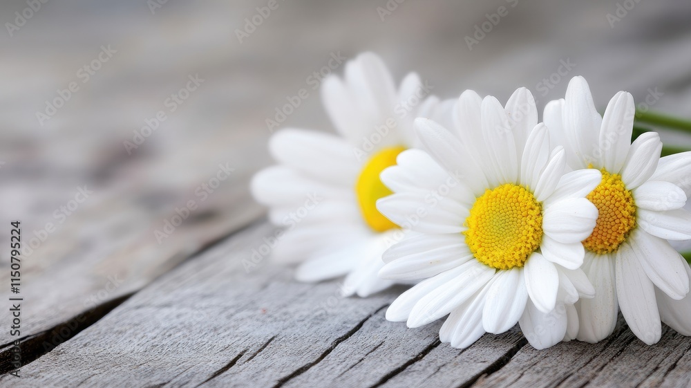 Obraz premium Close-up of white daisies with yellow centers on wooden background