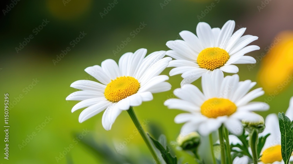 Obraz premium Close-up of white daisies with yellow centers in green field