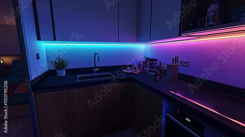 Modern kitchen corner with RGB LED strip lighting, showcasing minimalist design and ambient lighting.