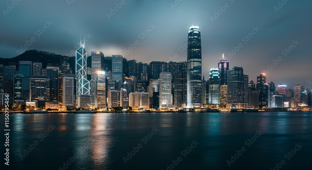 Fototapeta premium A panoramic view of a city skyline at dusk with glowing lights reflecting on the water