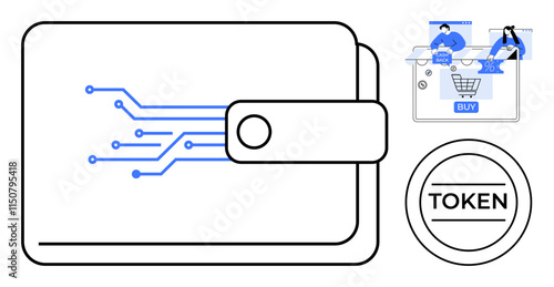 Digital wallet with circuitry, hands holding smartphone for e-commerce checkout, token coin. Ideal for digital payments, cryptocurrency, blockchain, online shopping, fintech, mobile transactions