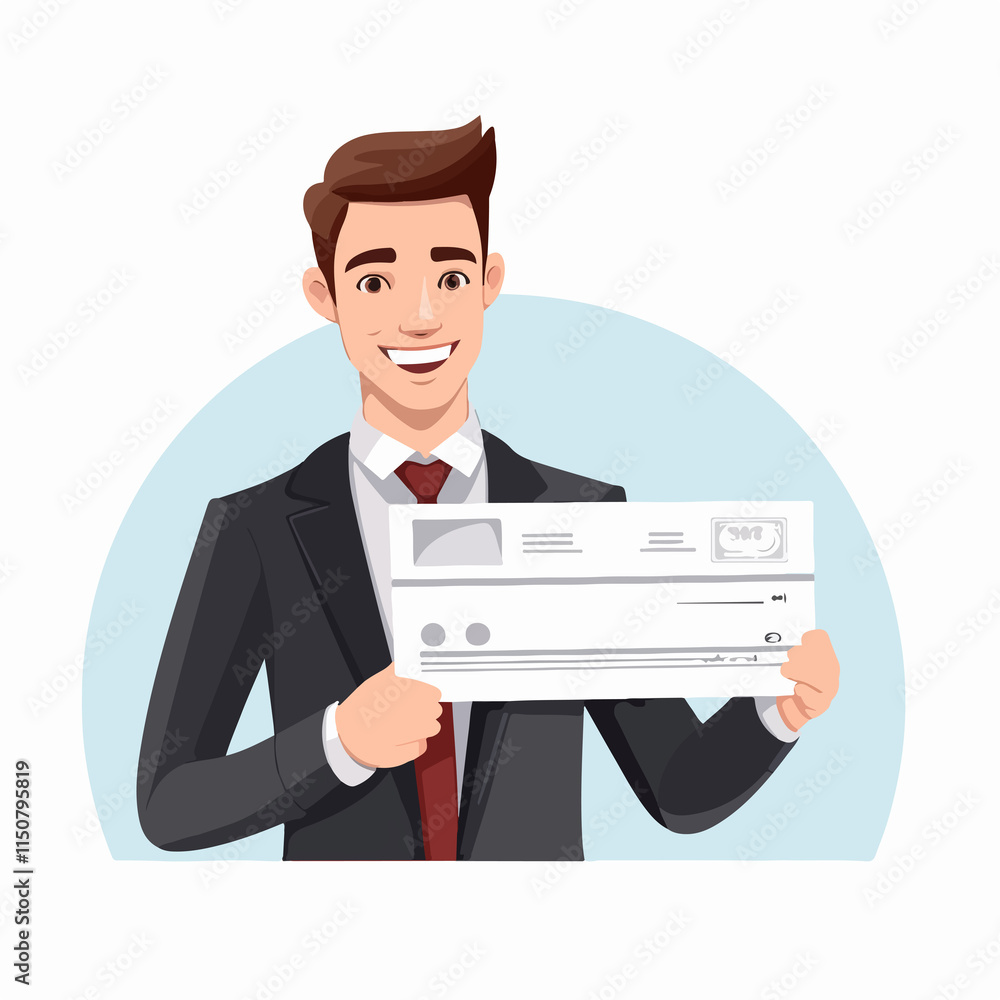 Businesswoman holding oversized check, vector illustration for finance and success concept Businesswoman holding oversized check, vector illustration for finance and success concept